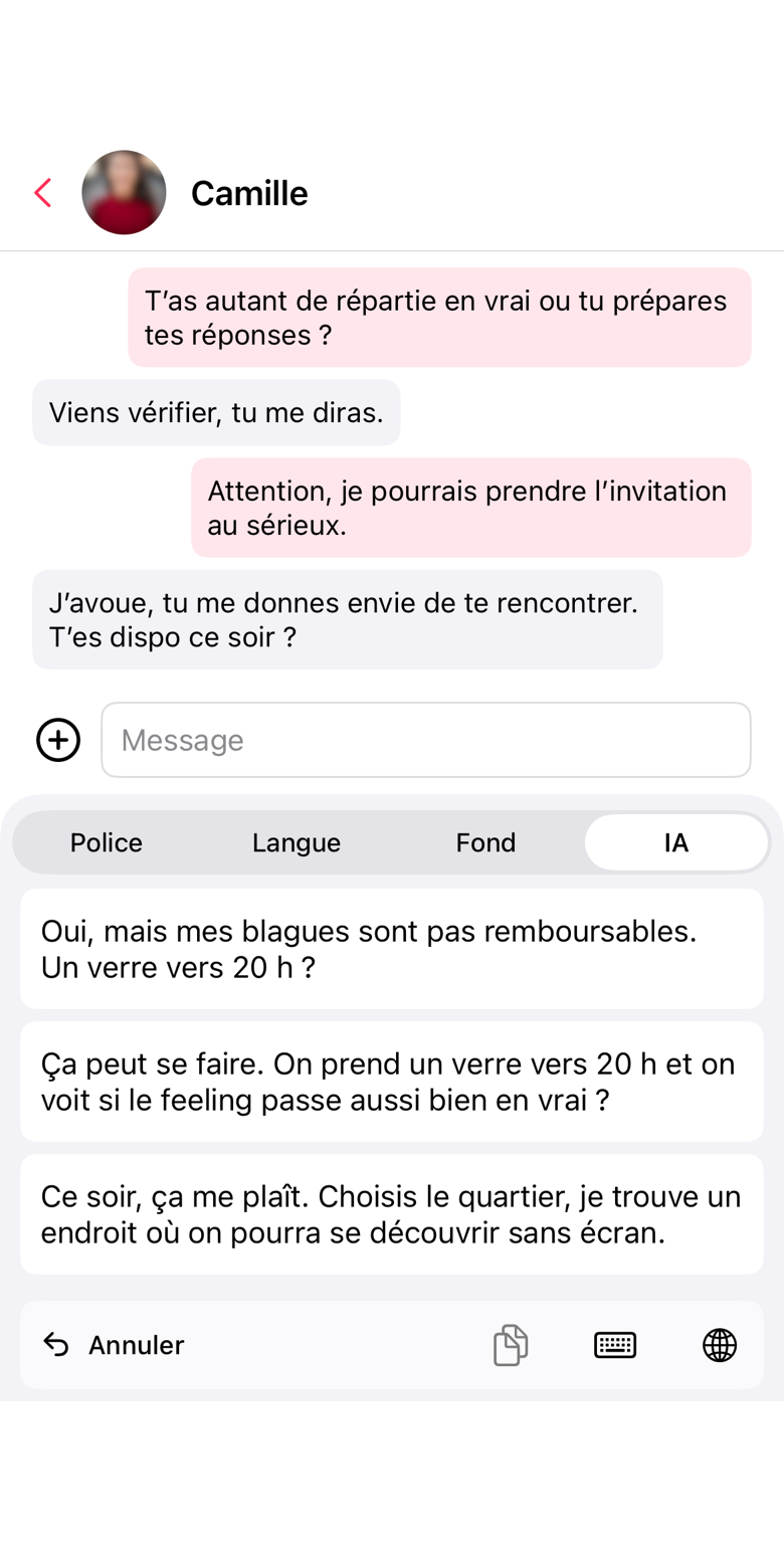 Three suggested replies in French from the Keybordia keyboard in a conversation