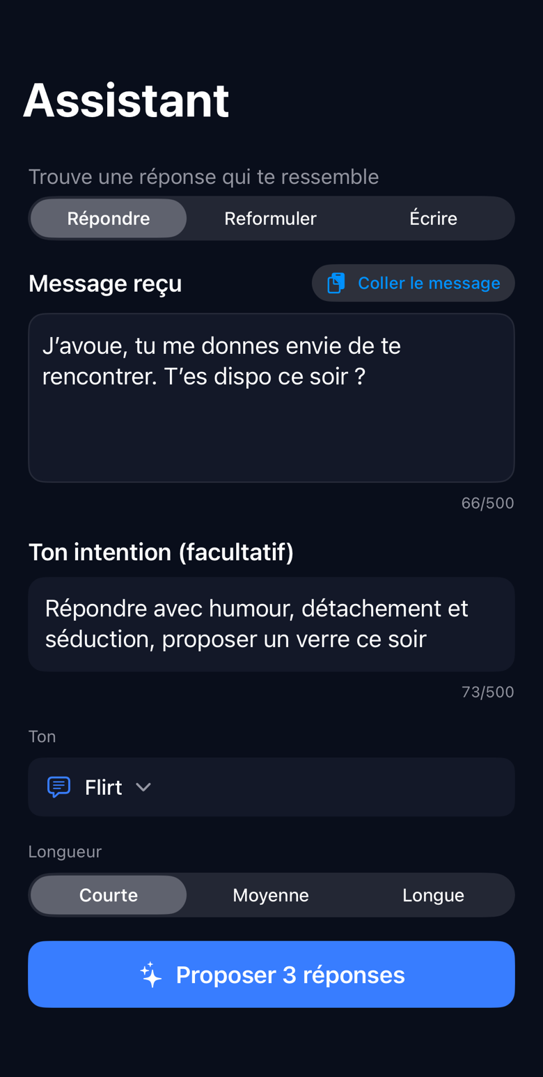 Keybordia assistant in French with mode, intent, tone and three-reply generation options