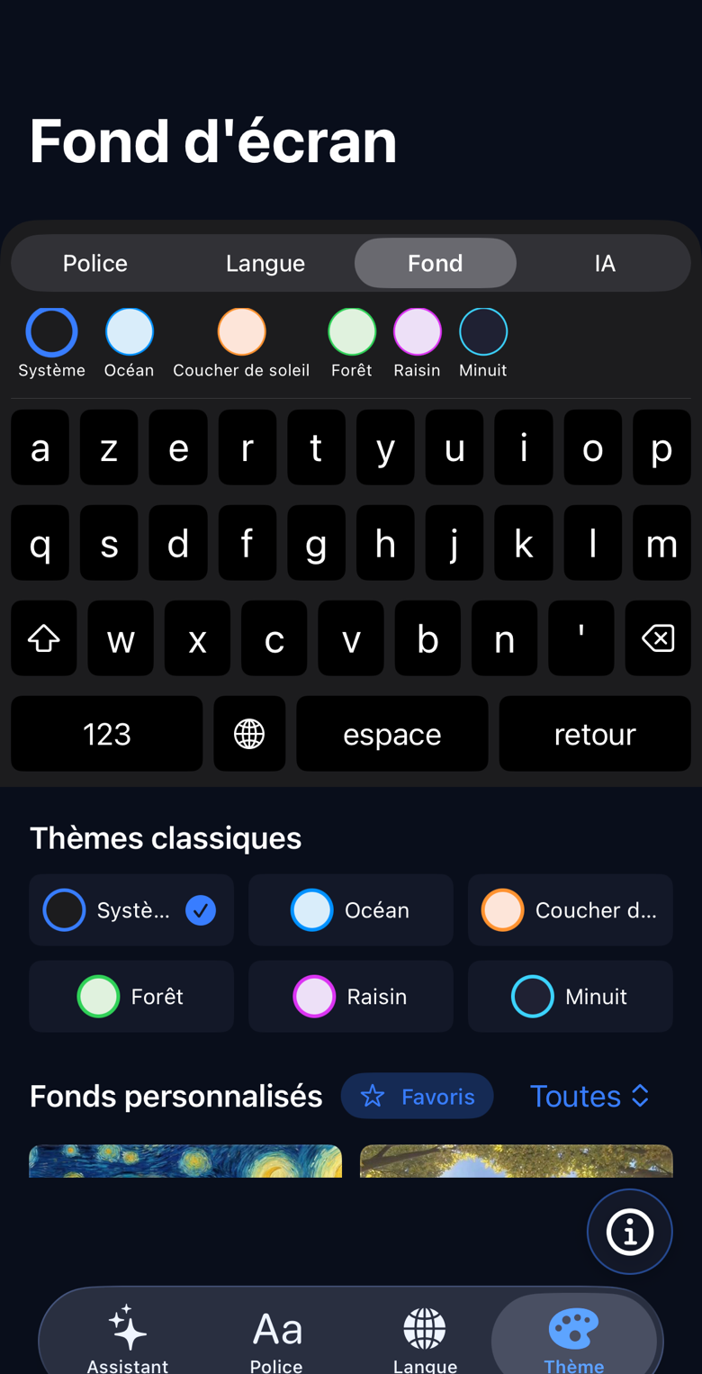 Keybordia keyboard in French with colorful themes and a background gallery
