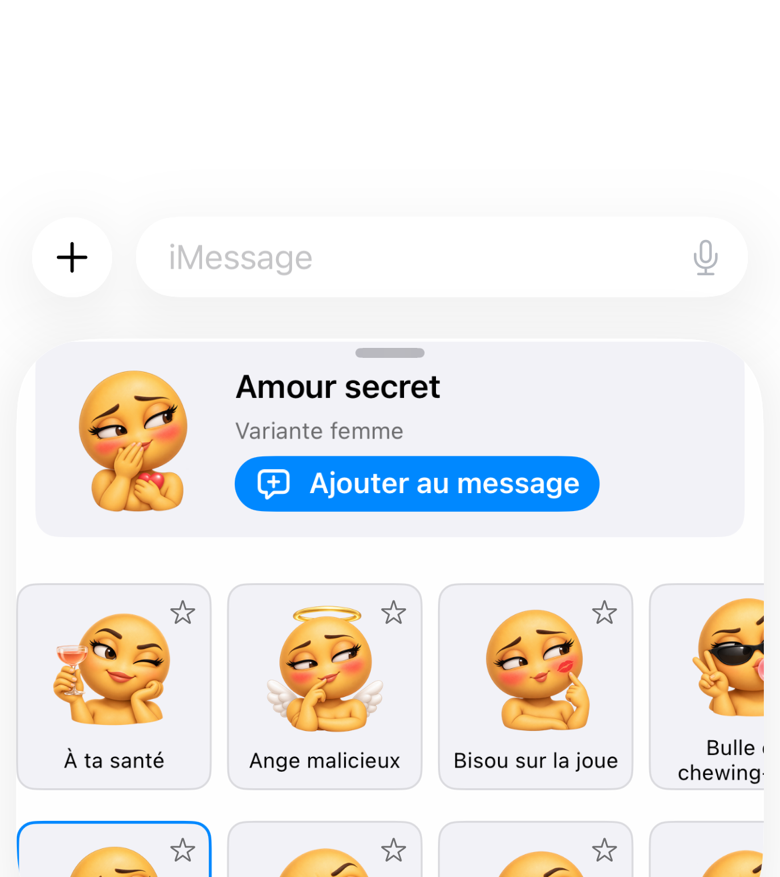 Keybordia extension in Messages in French showing a reaction, its variant and available stickers