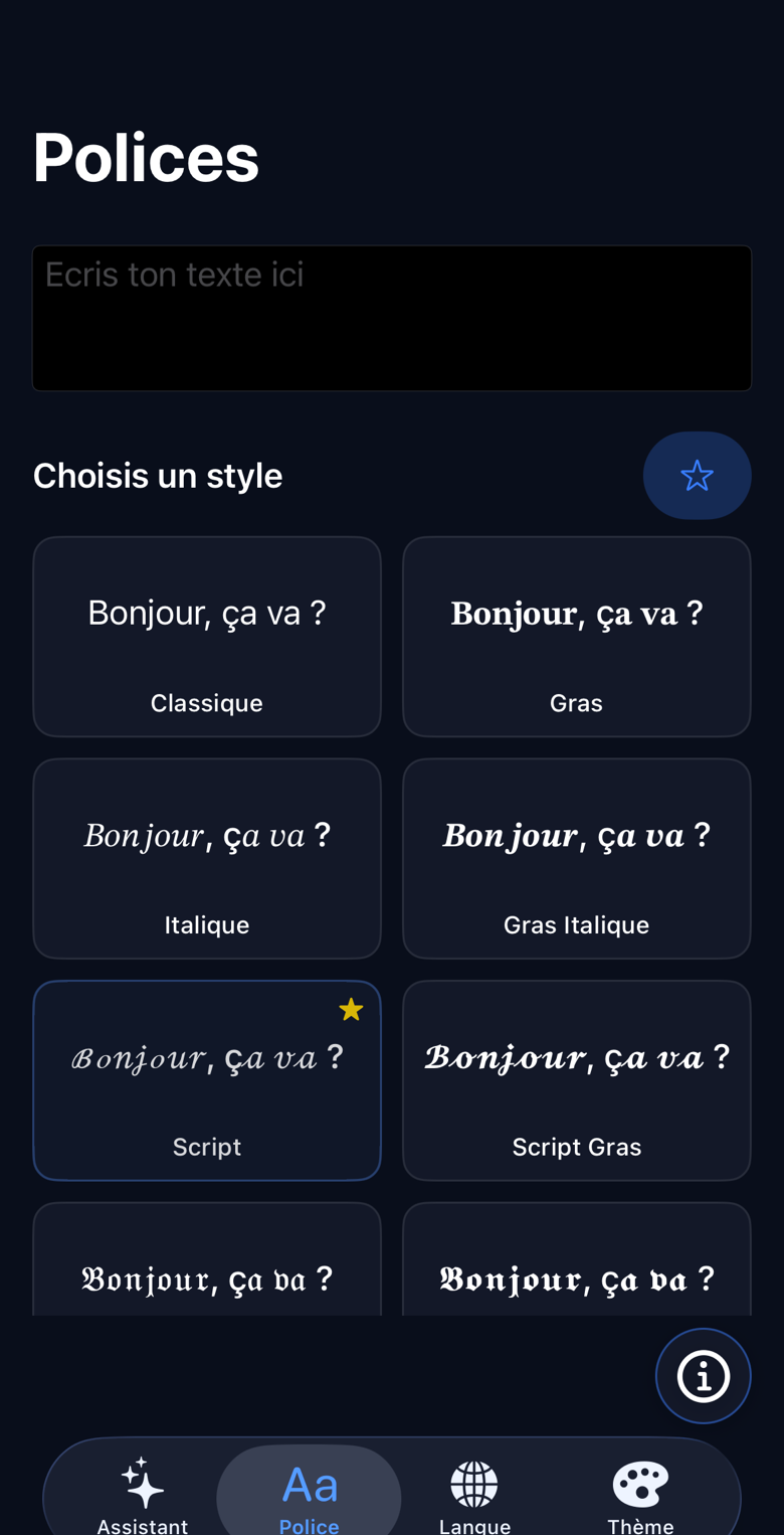 Keybordia keyboard in French and a preview of several text styles